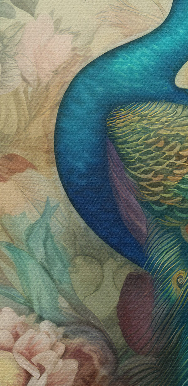A peacock with flowers and leaves