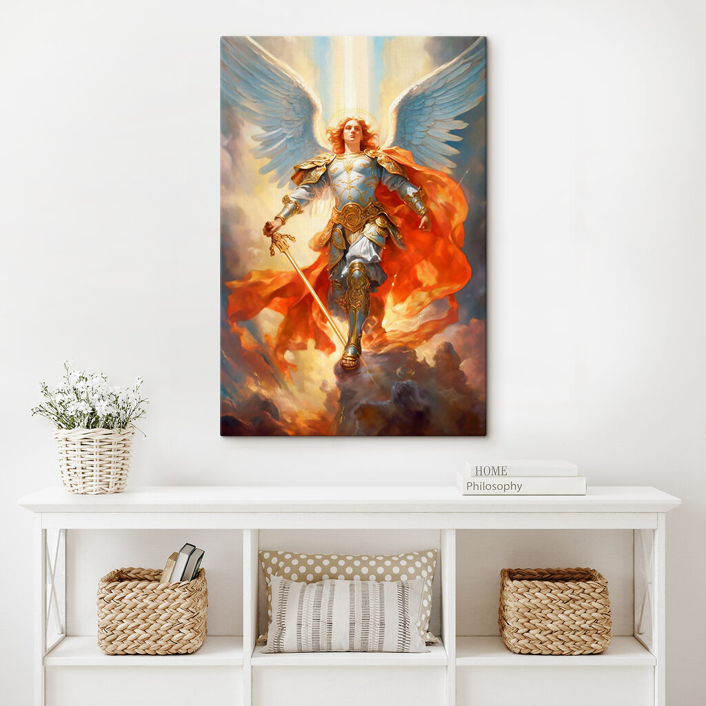 A painting of a person in armor with wings and a sword
