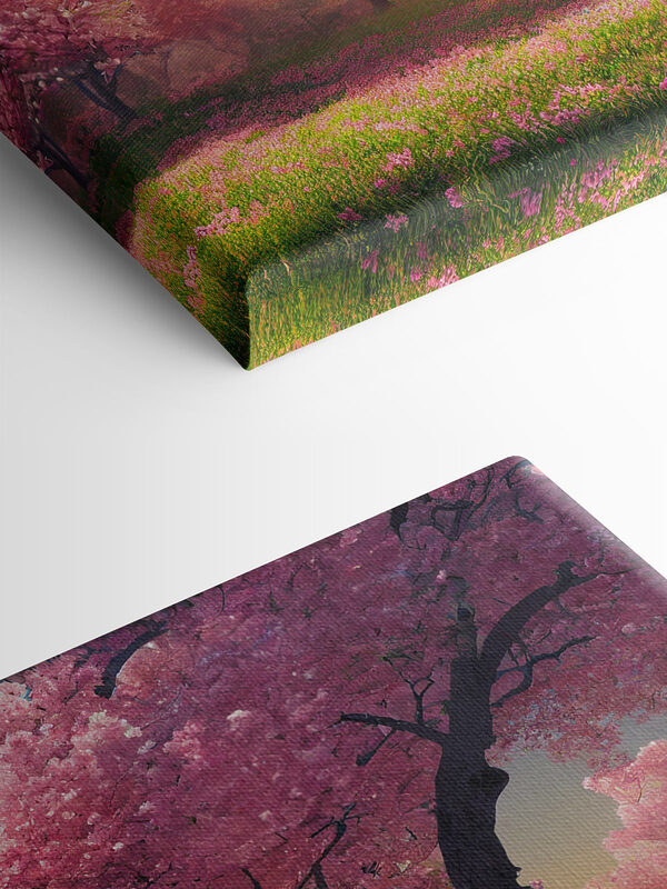 A field of pink flowers with trees