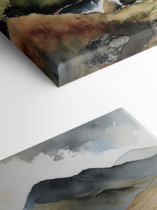 Watercolor of a lake surrounded by mountains