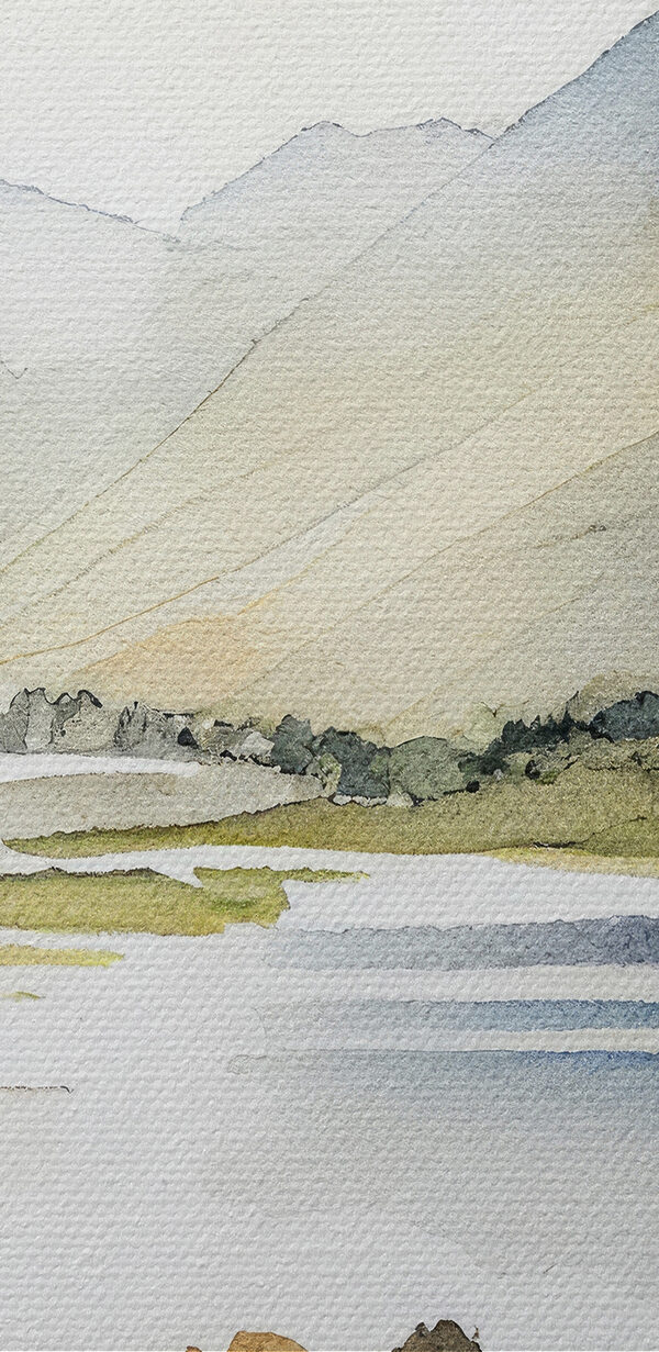 Watercolor of a lake surrounded by mountains