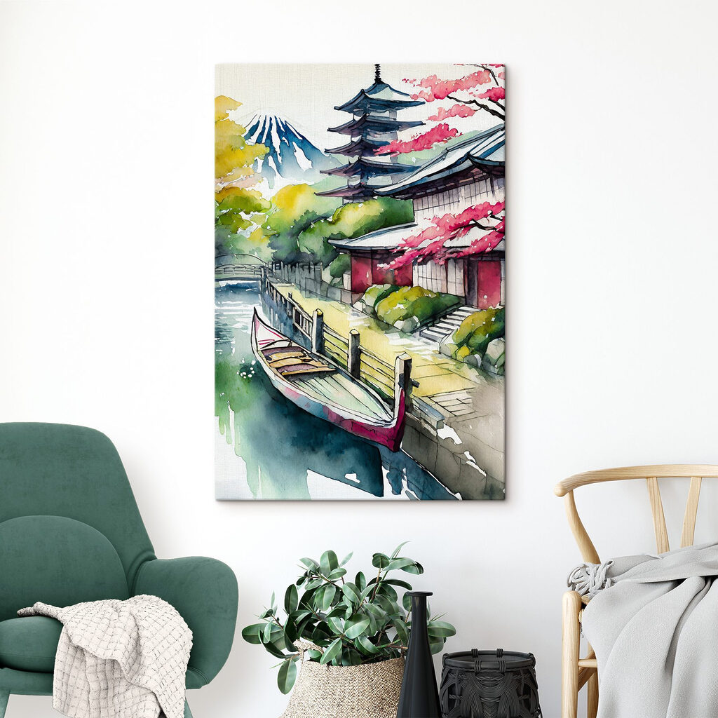 A watercolor painting of a boat on a river