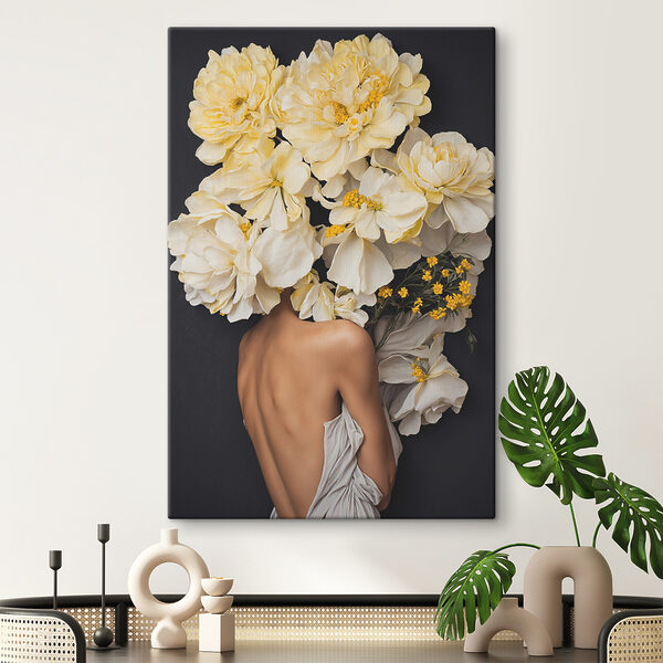 A woman with flowers over her head