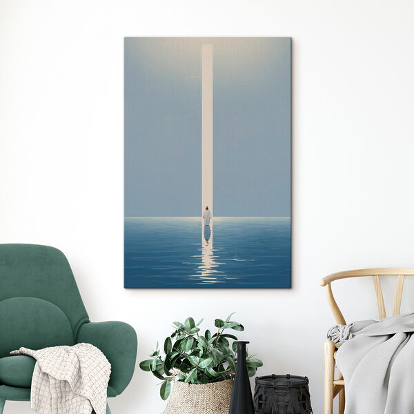 A person standing in water with a light beam