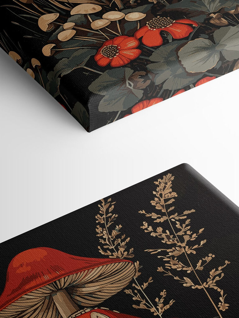A painting of mushrooms and plants A painting of mushrooms and plants