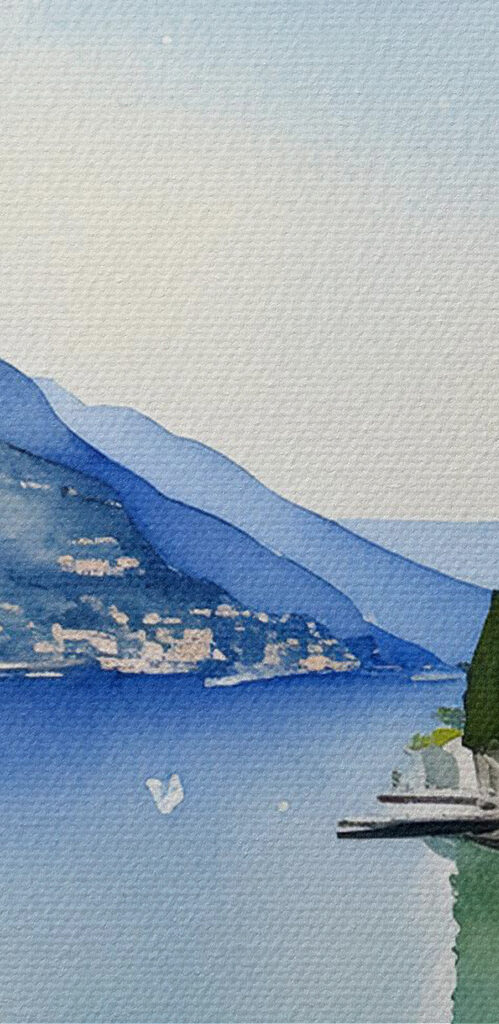 Watercolor painting of a city and a body of water Watercolor painting of a city and a body of water