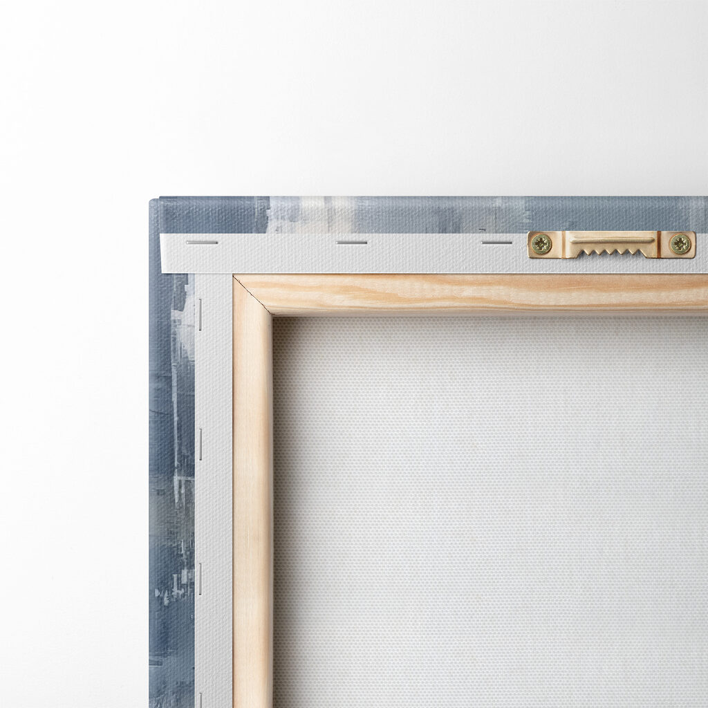 A painting of a blue and white wall