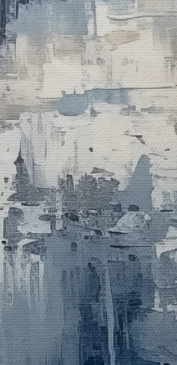 A painting of a blue and white wall