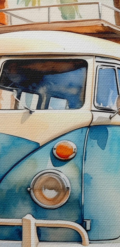 A watercolor of a van parked on a beach A watercolor of a van parked on a beach