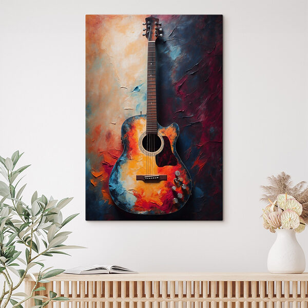 A guitar leaning against a wall