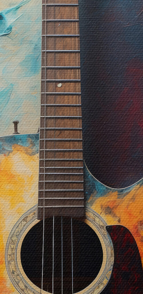 A guitar leaning against a wall