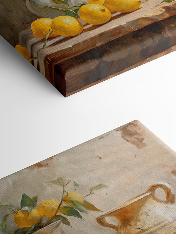 Painting of lemons and vases on a table