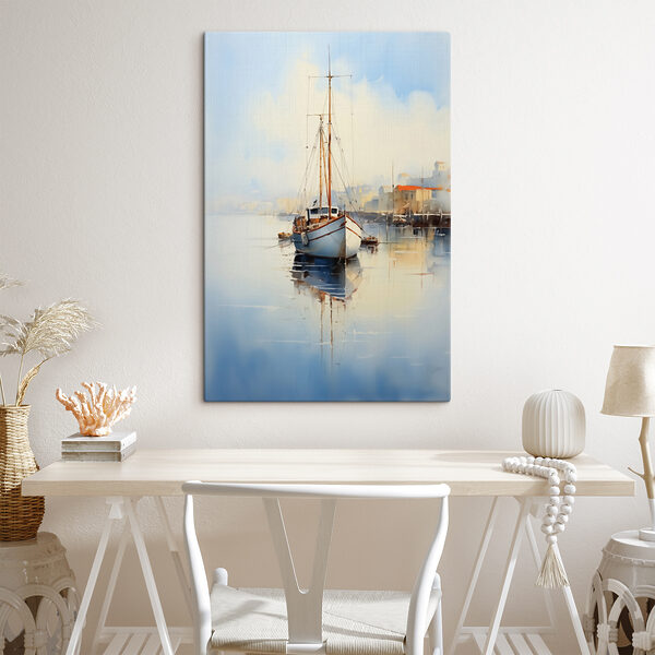 Watercolor of a boat in a harbor