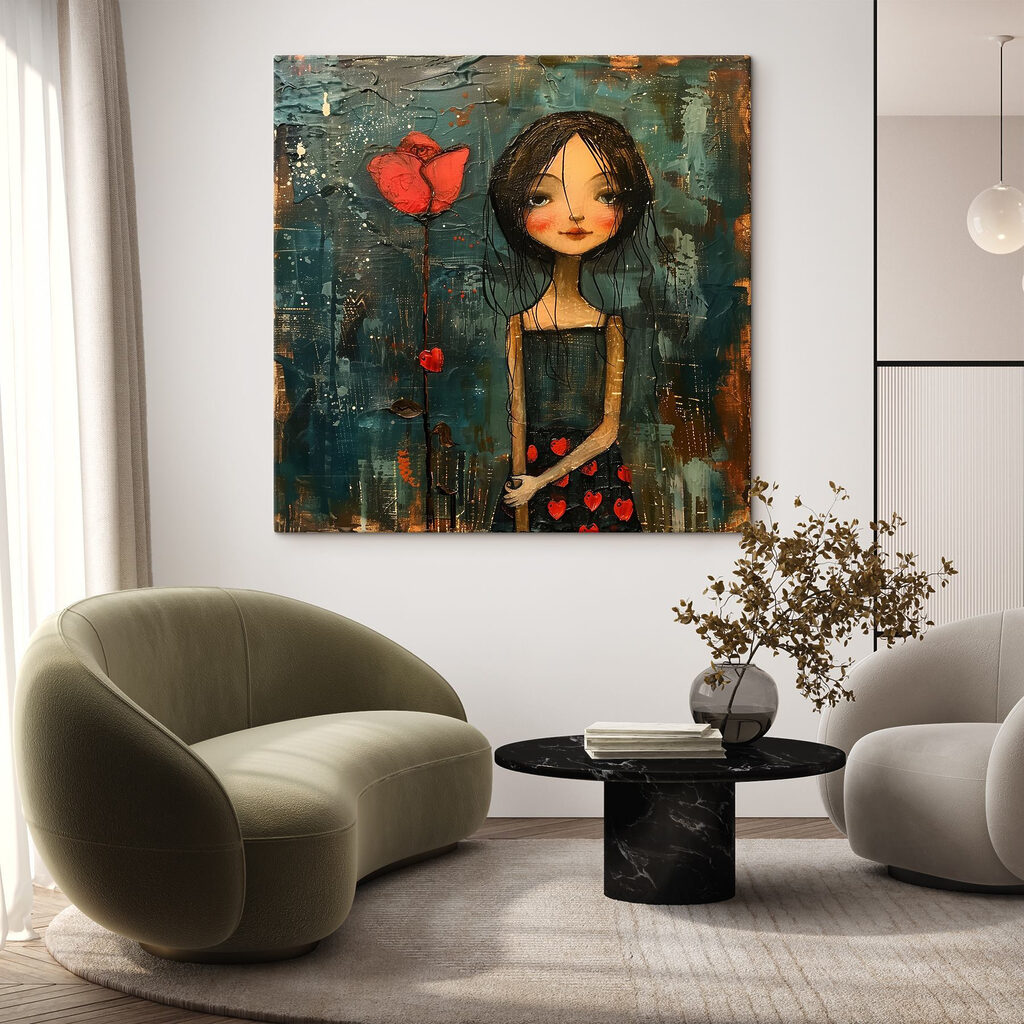 Painting of a girl holding a flower Painting of a girl holding a flower