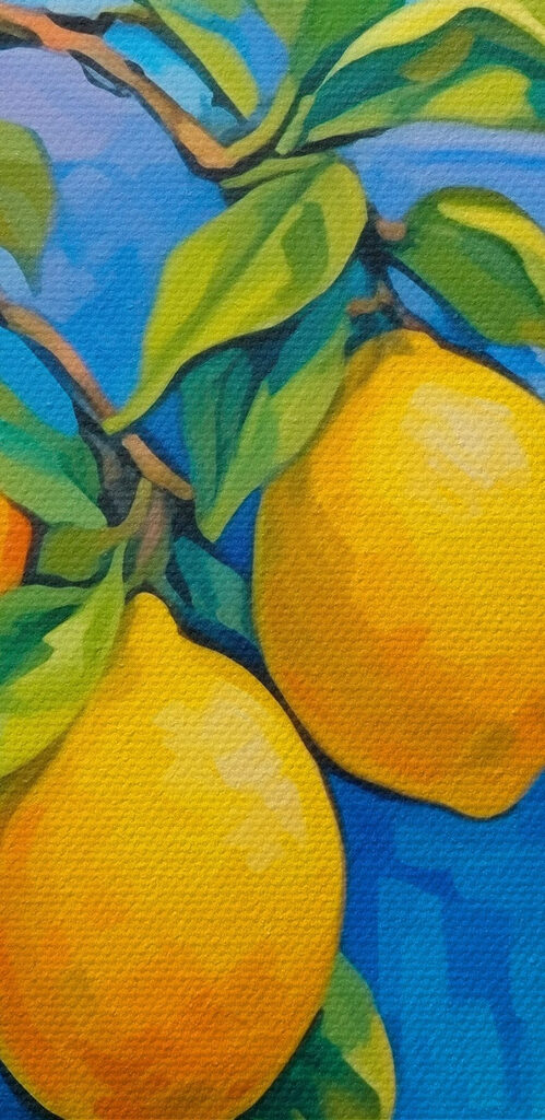 Painting of a lemon tree with a city in the background Painting of a lemon tree with a city in the background