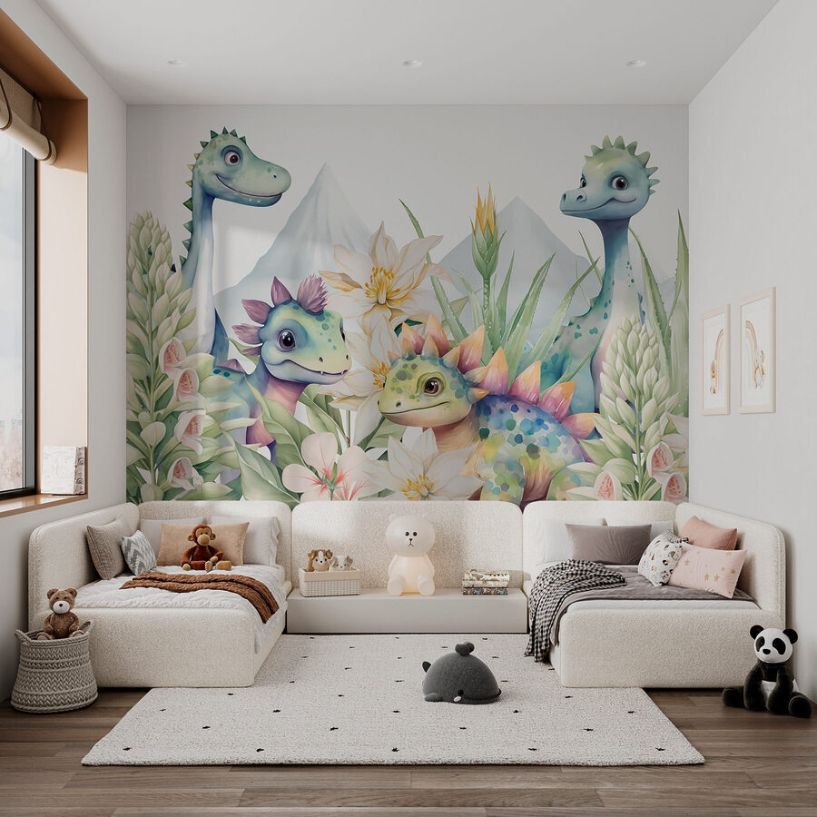 Grupo de dinosaurios rodeados de flores