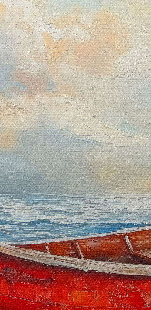 Painting of a boat on a beach Painting of a boat on a beach