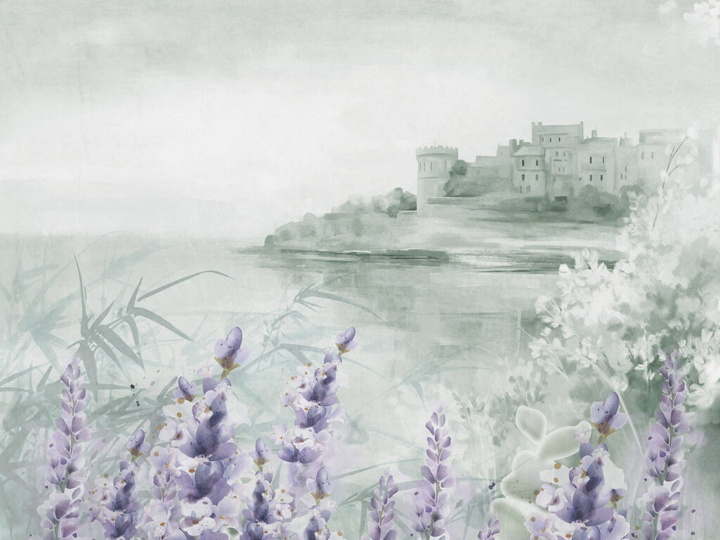 Pintura en acuarela de un castillo y flores Pintura en acuarela de un castillo y flores