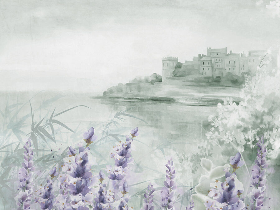 Pintura en acuarela de un castillo y flores