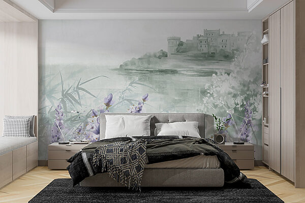 Pintura en acuarela de un castillo y flores Pintura en acuarela de un castillo y flores