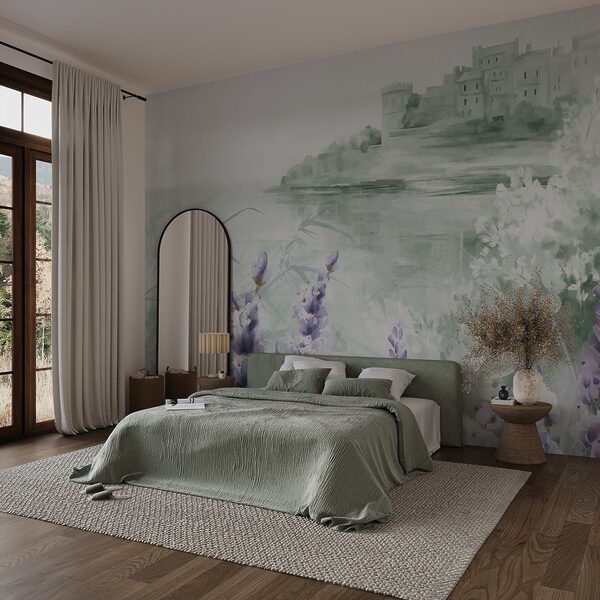 Pintura en acuarela de un castillo y flores Pintura en acuarela de un castillo y flores