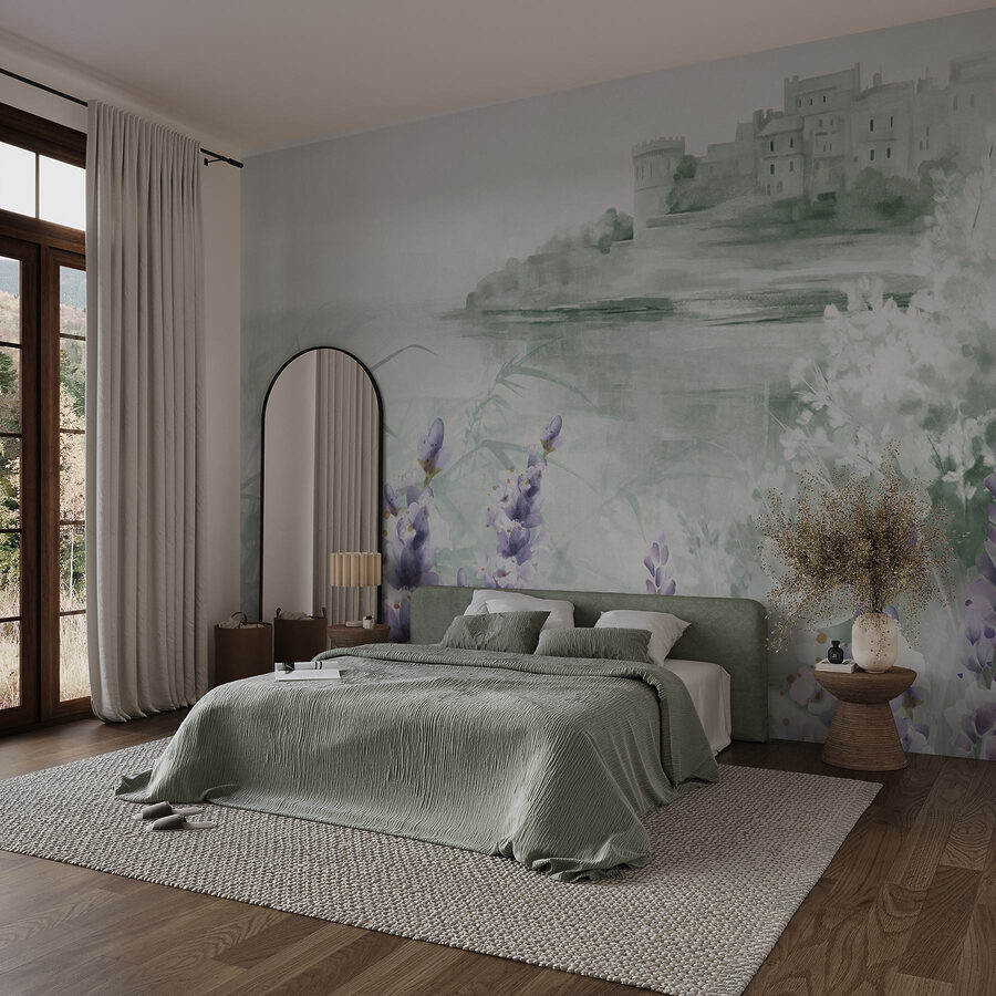 Pintura en acuarela de un castillo y flores