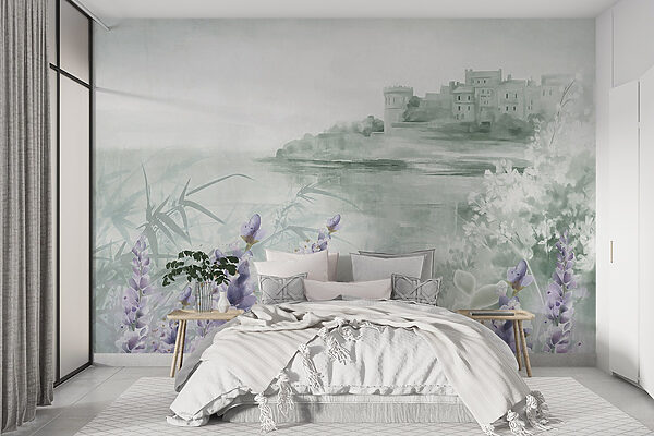 Pintura en acuarela de un castillo y flores Pintura en acuarela de un castillo y flores