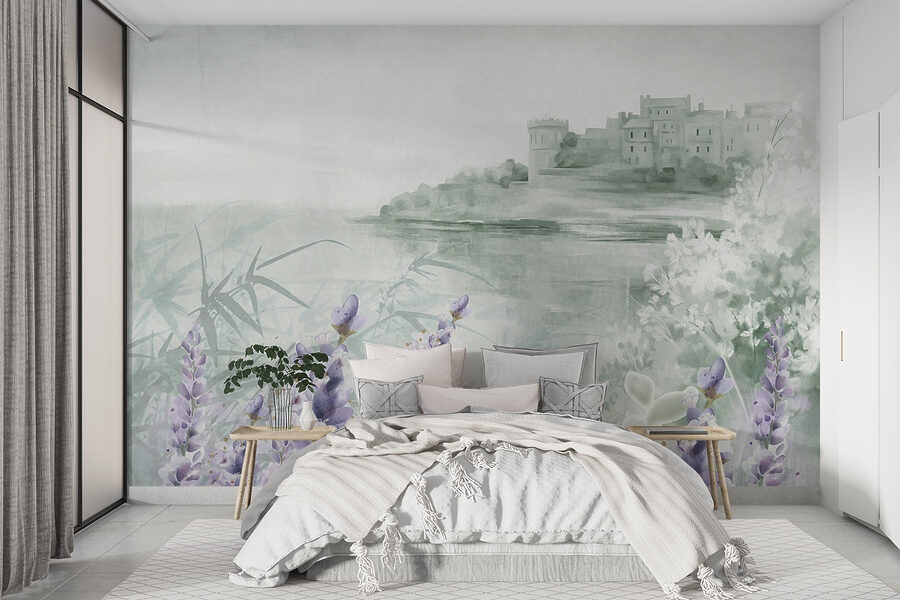 Pintura en acuarela de un castillo y flores