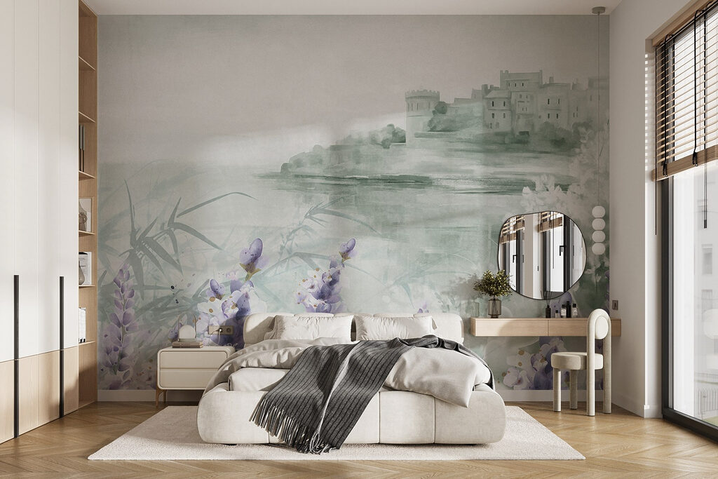 Watercolor painting of a castle and flowers