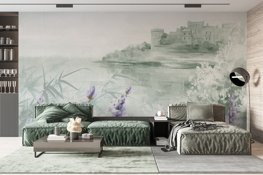 Pintura en acuarela de un castillo y flores