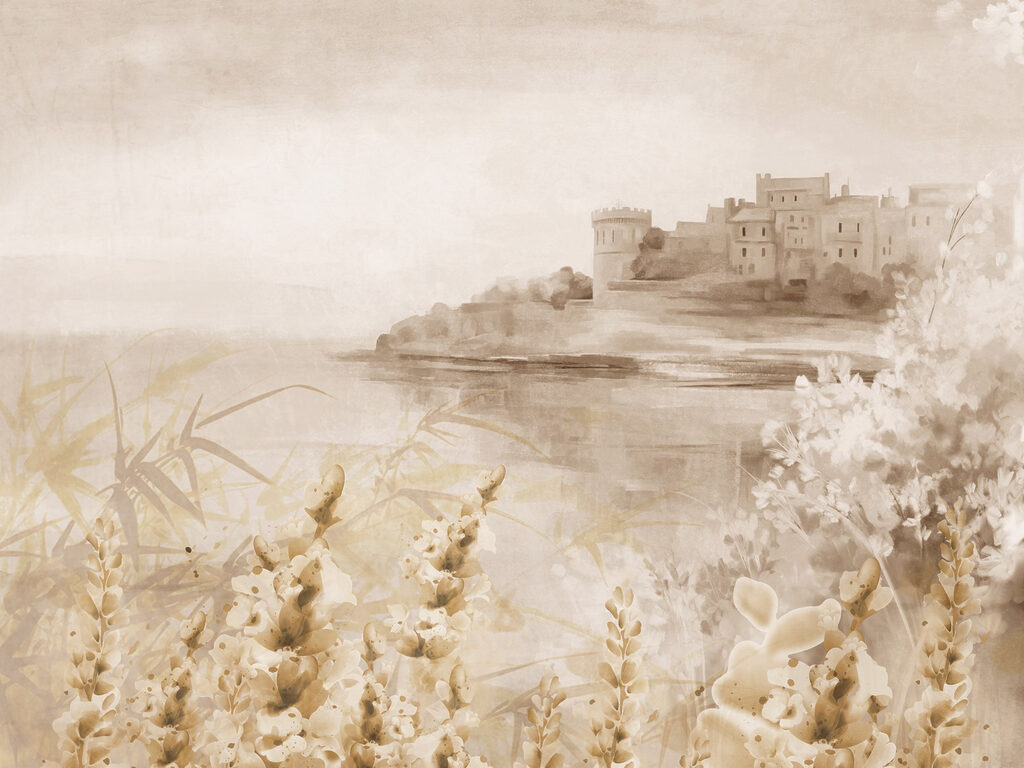 Painting of a castle and a lake