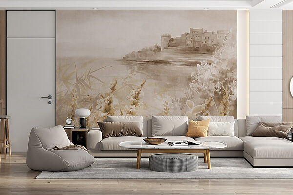 Painting of a castle and a lake