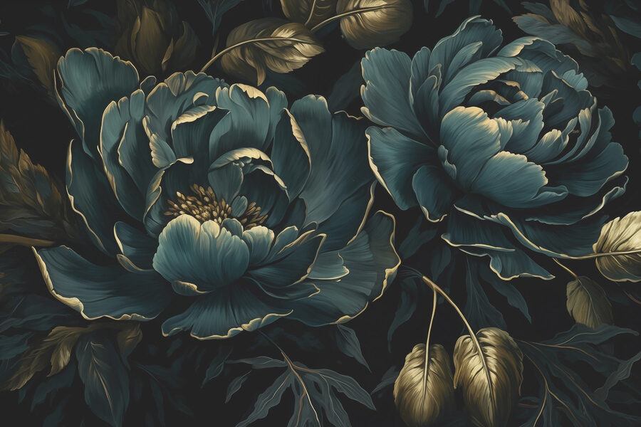 Peonías azules con textura sobre fondo oscuro