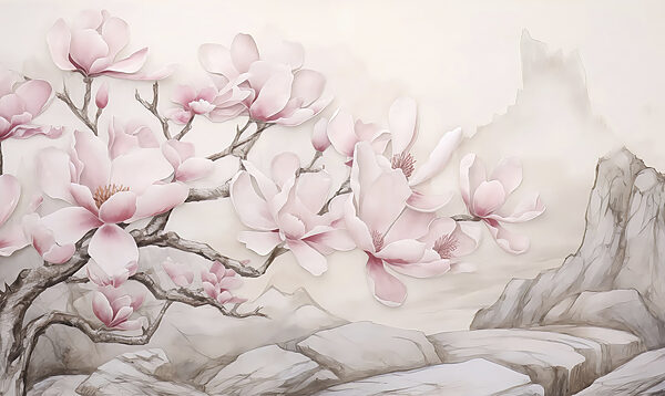 Pintura de un árbol con flores rosas Pintura de un árbol con flores rosas