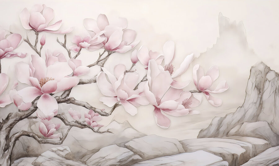Pintura de un árbol con flores rosas