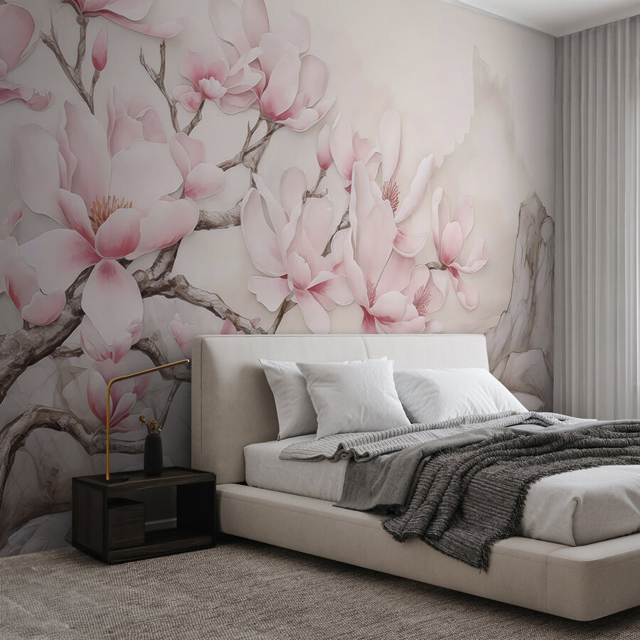 Pintura de un árbol con flores rosas