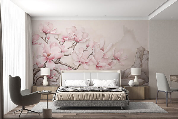 Pintura de un árbol con flores rosas Pintura de un árbol con flores rosas