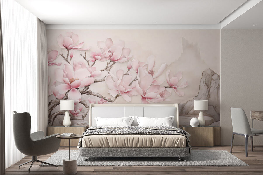 Pintura de un árbol con flores rosas