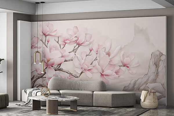 Pintura de un árbol con flores rosas Pintura de un árbol con flores rosas