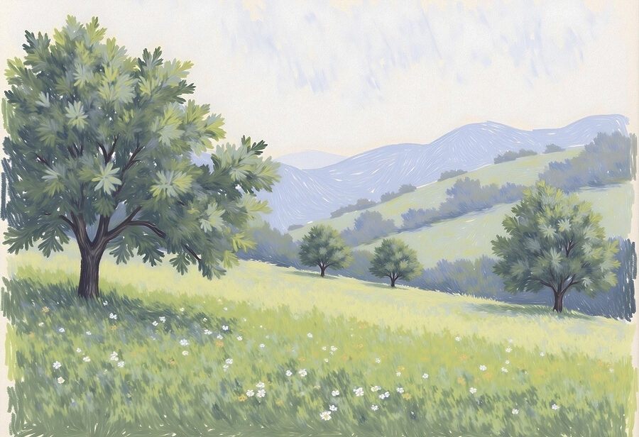 Paisaje con árboles y colinas