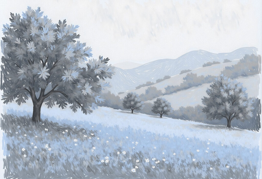 Landscape with trees and flowers