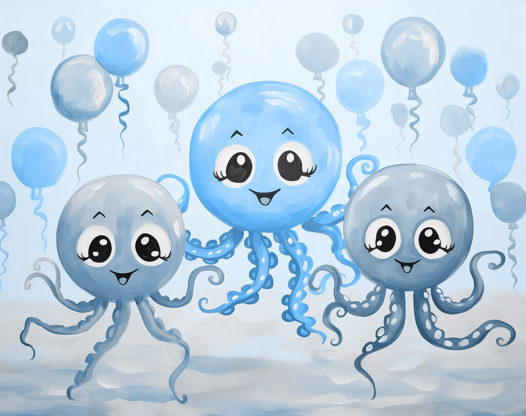 Group of octopuses with balloons