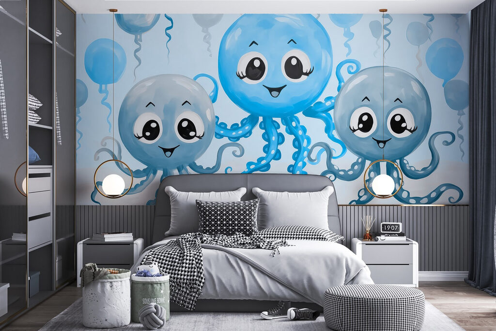 Group of octopuses with balloons