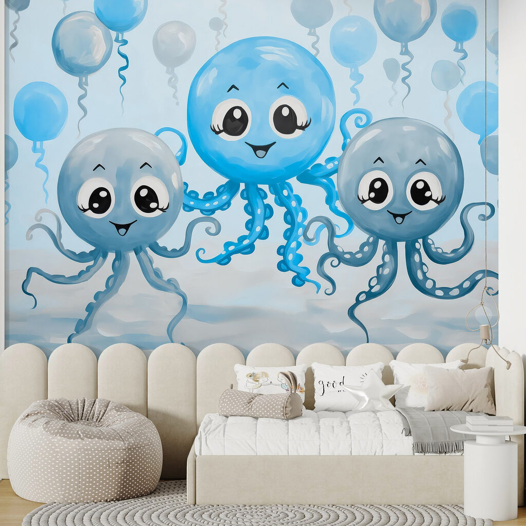 Group of octopuses with balloons