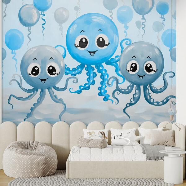 Group of octopuses with balloons