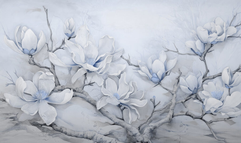 Pintura de flores blancas sobre una rama Pintura de flores blancas sobre una rama