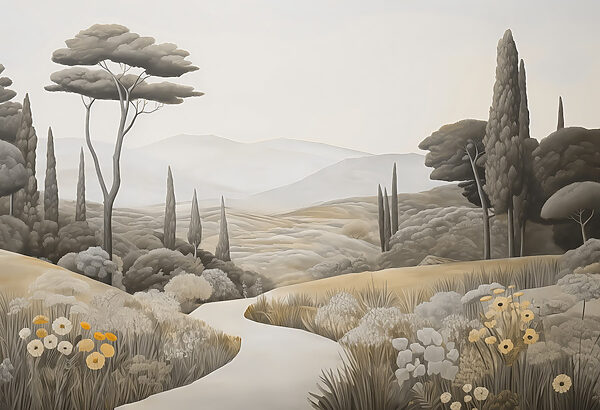 Landscape with a winding road and trees