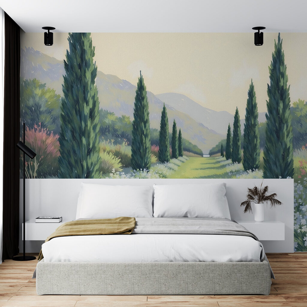 Painting of a landscape with trees and flowers Painting of a landscape with trees and flowers