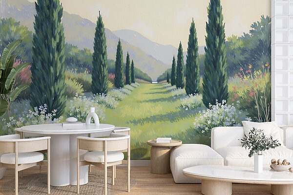 Painting of a landscape with trees and flowers Painting of a landscape with trees and flowers