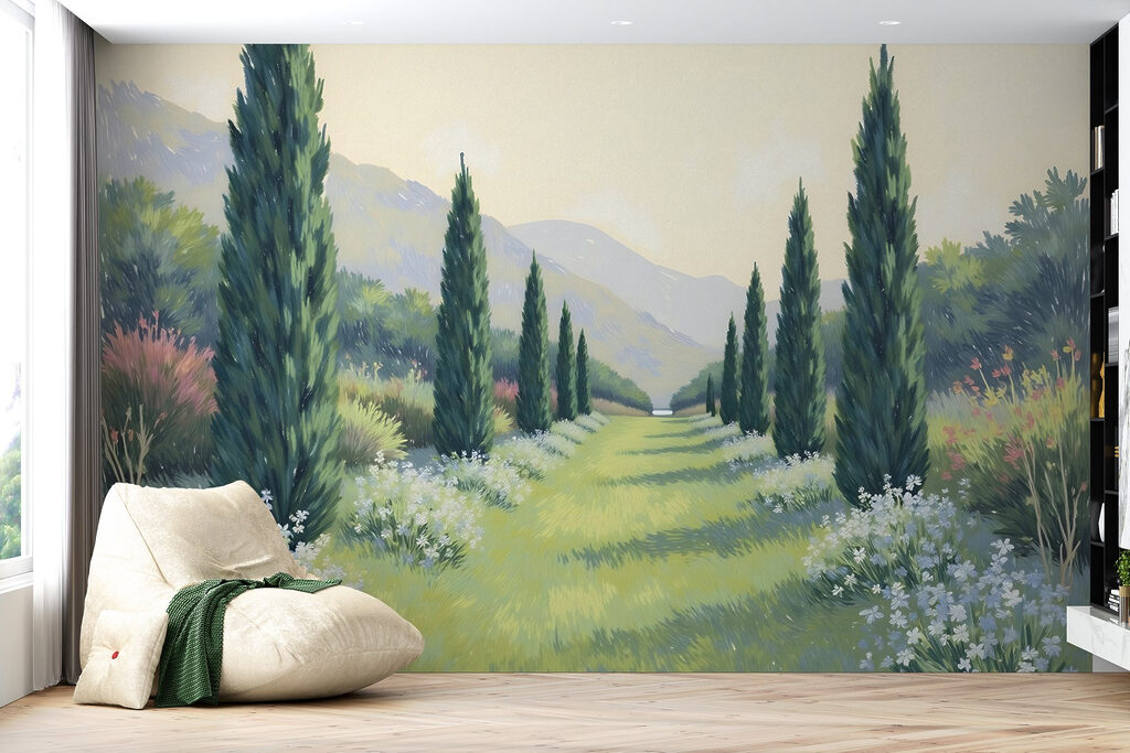 Painting of a landscape with trees and flowers Painting of a landscape with trees and flowers